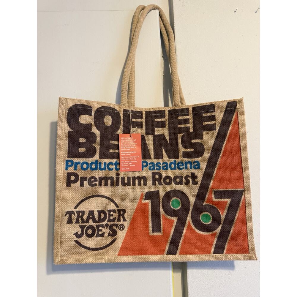 Trader Joe's Tote Jute Bag Reusable 1967 Pasadena Coffee Beans 17x14x9 - Picture 4 of 8